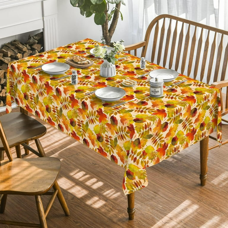 Fall Tablecloth, Fall Decorations For Home Waterproof Leaves Decor Fall Decor Watercolor Thanksgiving Holiday Decor Scallop Edge Table Cover Party Dining Table Decorations 60 Inch Diameter, Round