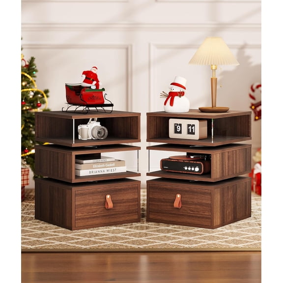 360° Rotatable Walnut Nightstand with Drawer Set of 2 - Mid Century Modern Nightstand with Open Storage Shelves, End Table with Glass Panels for Bedroom