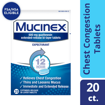 Chest Congestion, Mucinex Expectorant 12 Hour Extended Release s, 20ct, 600 mg Guaifenesin with Extended  of Chest Congestion