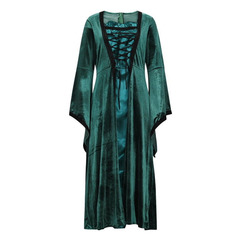WRFWUL Womens Medieval Renaissance Velvet Corset Waist Bell Sleeve Lace up Long Gown Gothic Halloween Costume Party Dress