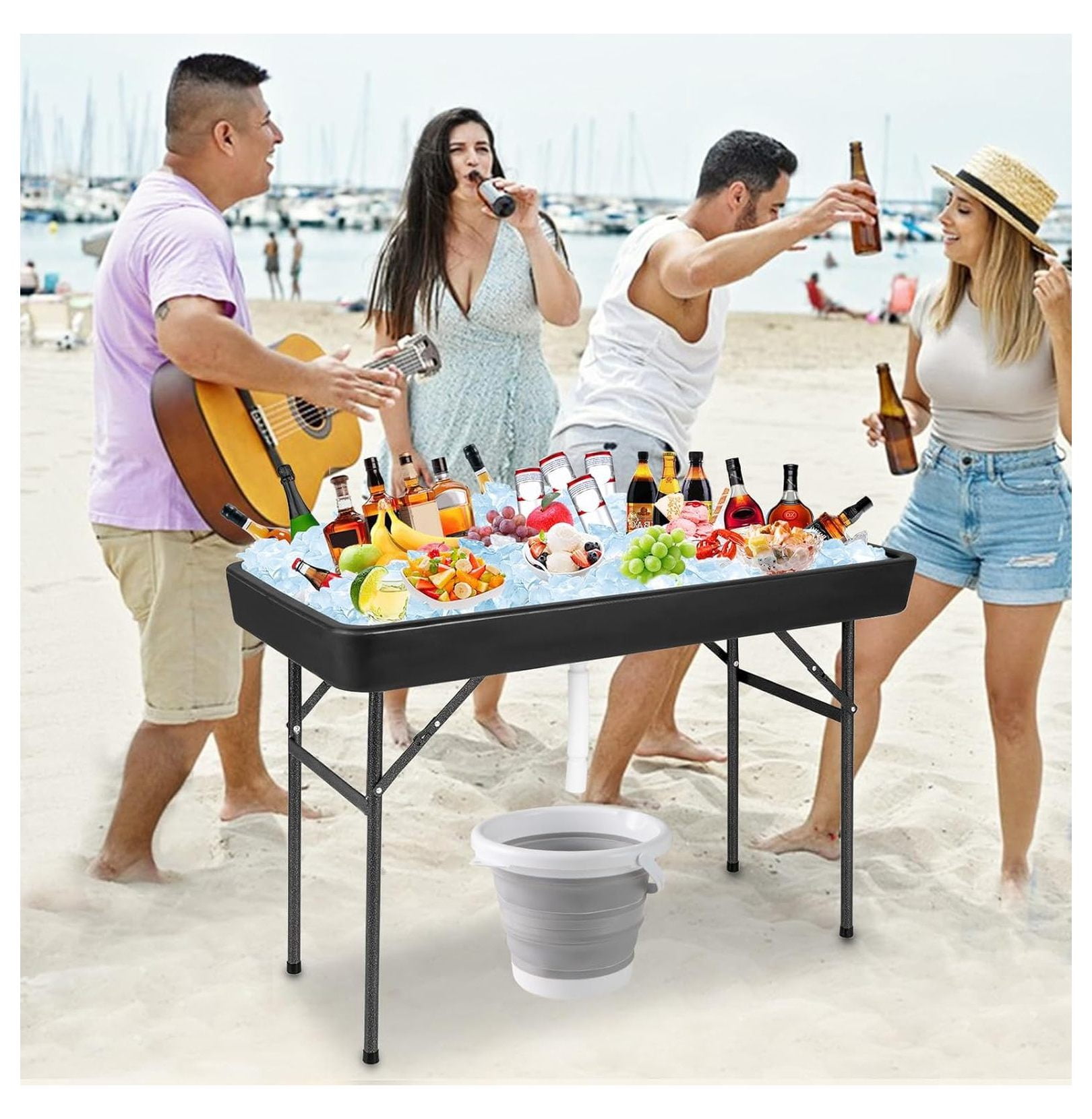 Folding Ice Cooler Table with Matching Skirt, Drain Hose & Bucket, Foldable Beverage Cooler Buffet Cooler Server, Portable Chill Table for Party, Picnic, BBQ, Camping (Black)