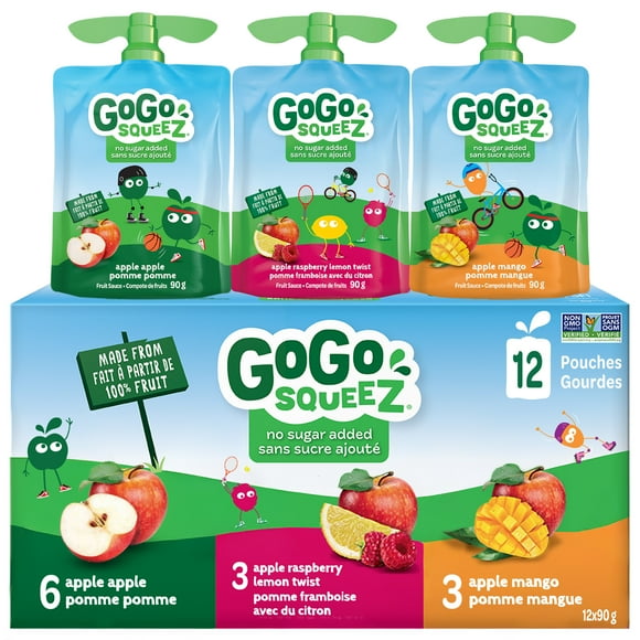 GoGo squeeZ Fruit Sauce Snack Pouches Variety Pack, Apple Apple, Apple Raspberry Lemon Twist, Apple Mango, No Sugar Added. 90g per pouch, Box of 12 Pouches