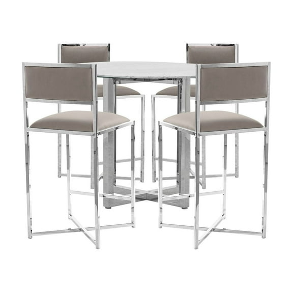 Modus Amalfi 5PC 48" Round Counter Marble Tbl & 4 X-Base Stool Set-Taupe