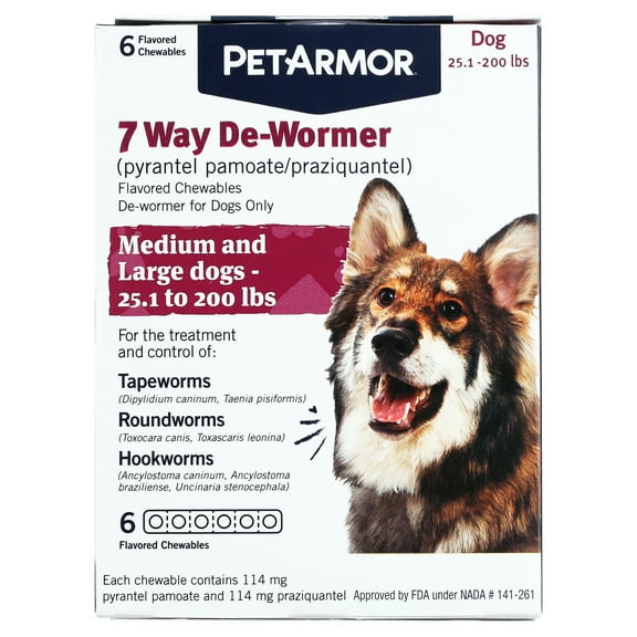 PETARMOR 7 Way De-Wormer for Medium and Large Dogs, 25.1-200 lbs, 6 Chewable Tablets