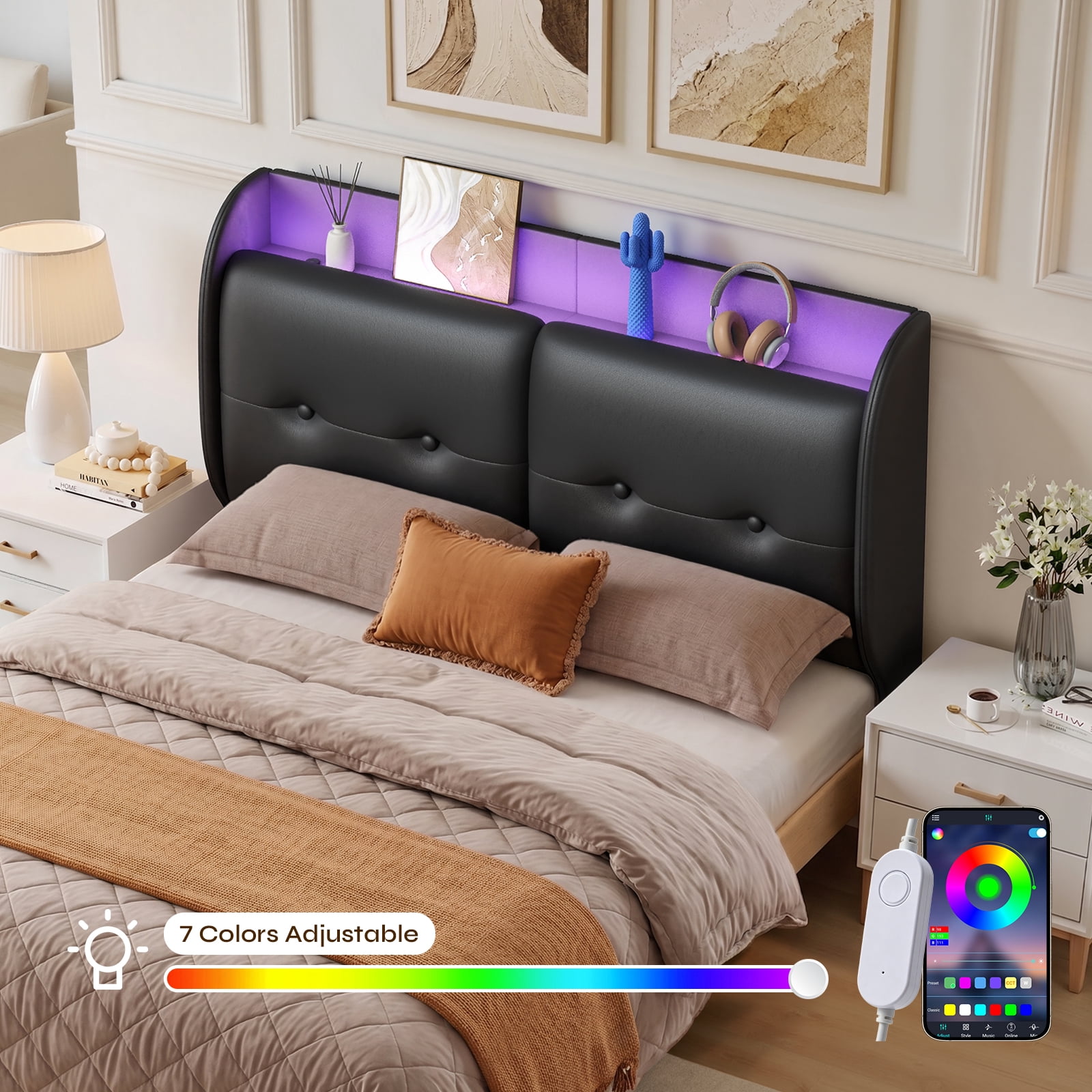Pinmoco Queen Upholstered Headboard with Storage & Charging Station, LED Wingback Adjustable Headboard, PU Leather Headboard Only, Black