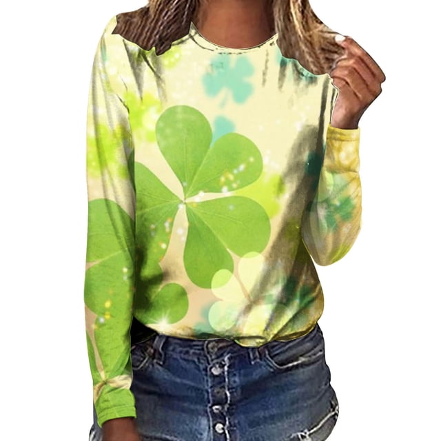 Pompotops T-shirts Décontractés à Manches Longues pour Femmes Imprimé St. Patrick Col Rond Chandail Tops Liquidation