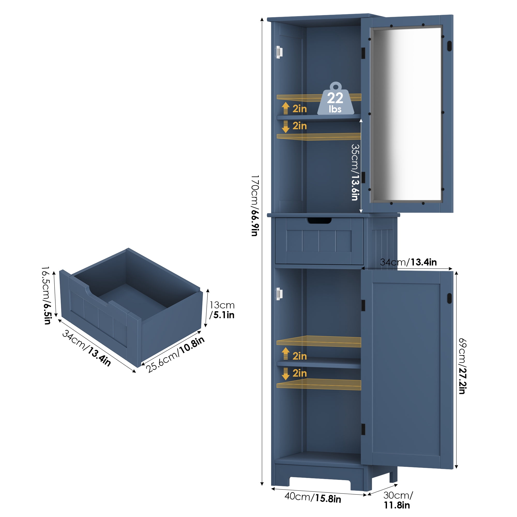 Homfa Bathroom Storage Tower, Narrow Linen Cabinet with Door and Drawers, Tall Bathroom Storage Cabinet for Small Spaces, Blue