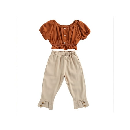 

Canrulo Kids Girls Clothes 2pcs Ruffles Short Sleeve Solid T Shirts Long Pants Causal Sets Khaki 3-4 Years