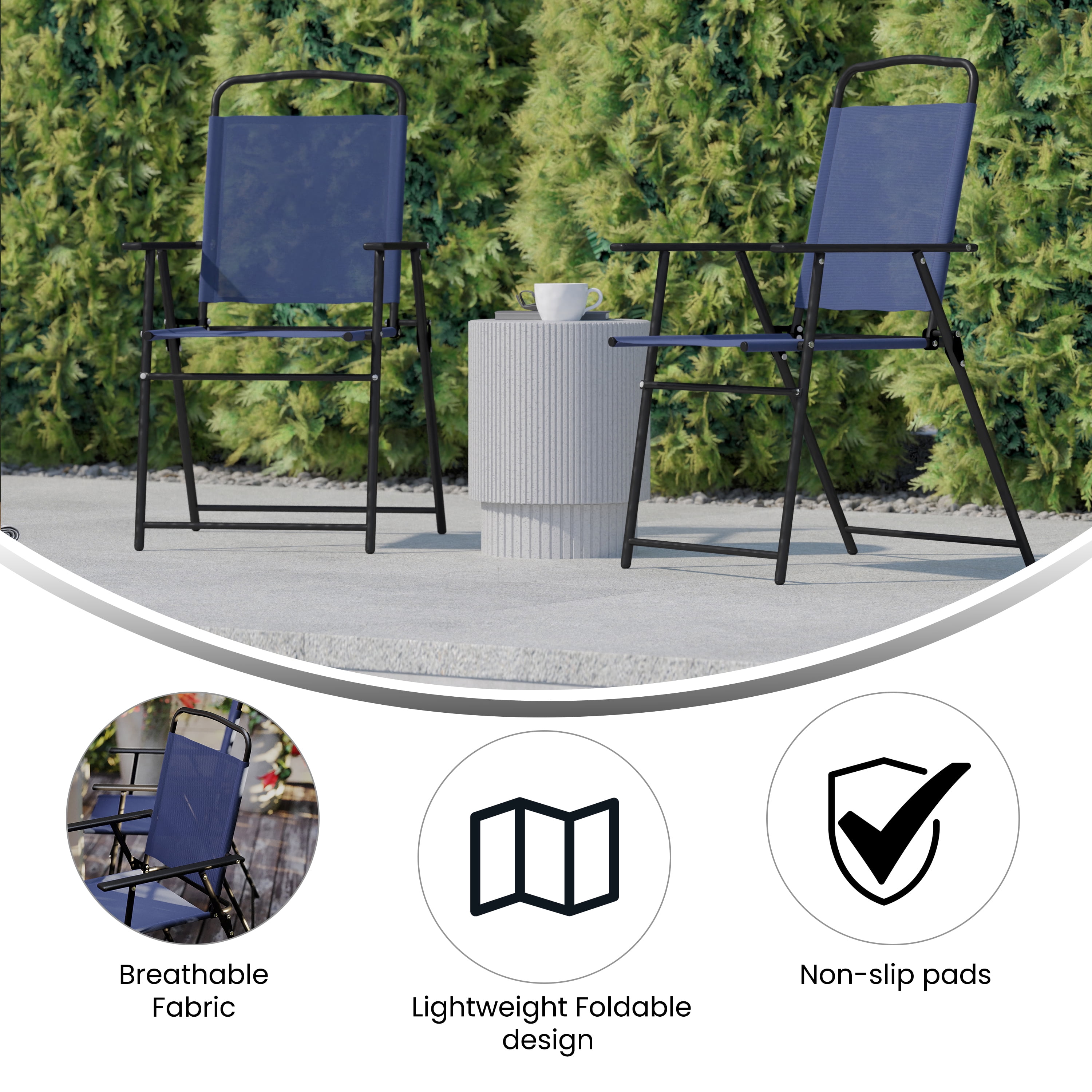 BizChair Set of 2 Folding Patio Sling Chairs, Outdoor Textilene Lawn Chairs with Armrests in Navy