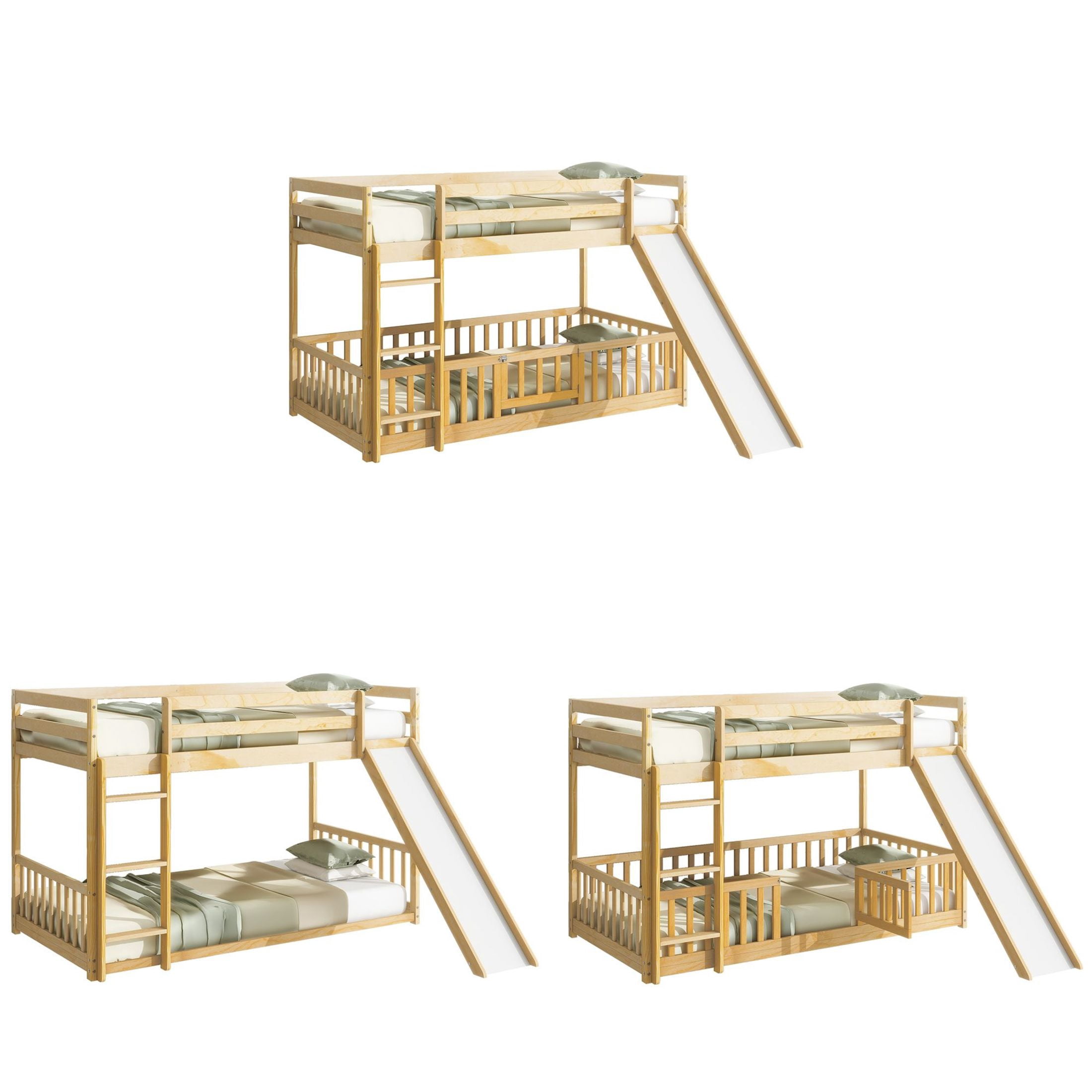 Noble House Twin Over Twin Floor Bunk Bed, Solid Pine Wood Frame with Slide, Convertible Ladder & Guardrails, Natural