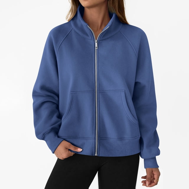 Neewe Women's Plain Casual Long Sleeve Lapel Zipper Sweatshirt Loose Jackets Tops With Pocket Daily