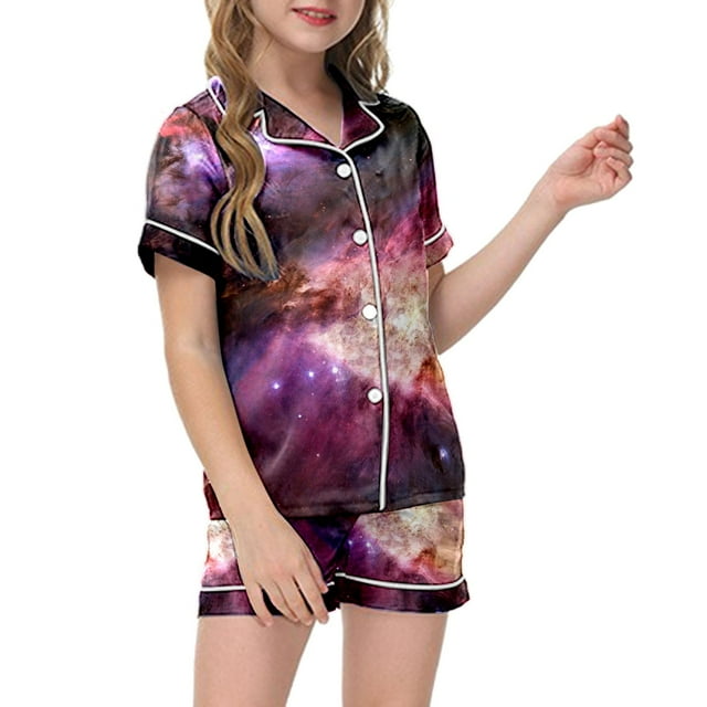 Pyjamas pour Bébé 2 Pcs Ensembles de Pyjamas en Satin pour Enfants Imprimé Graphique Chemise à Manches Courtes à Boutons Ensemble de Shorts Pyjama Fille Violet 2 Ans-3 Ans