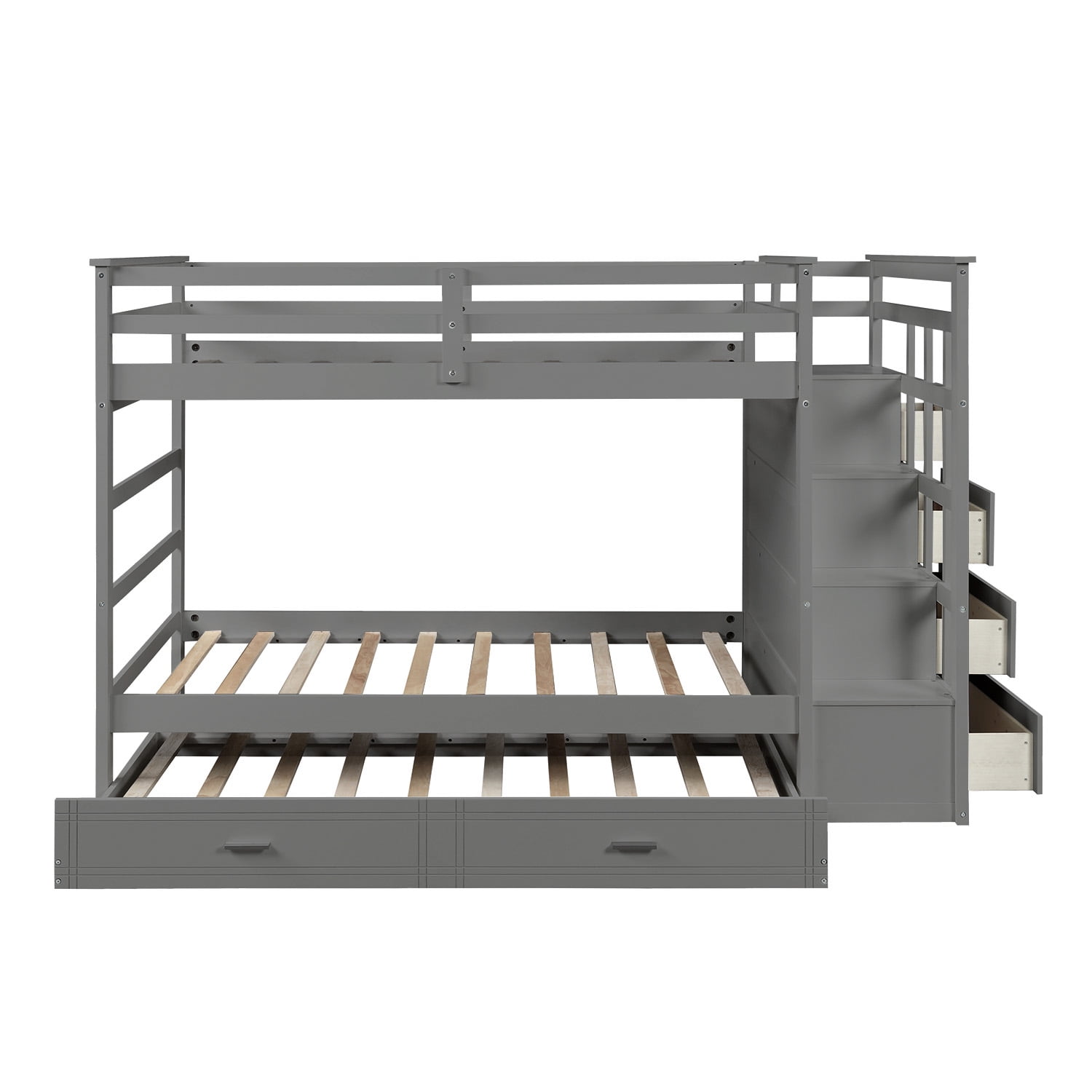 Kepooman Twin Over Twin Solid Wood Bunk Bed with Trundle & Staircase & Drawers for Bedroom, Gray Kepooman Twin Over Twin Solid Wood Bunk Bed with Trundle & Staircase & Drawers for Bedroom, Gray