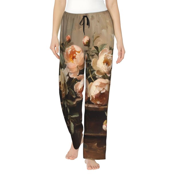 Fotbe Vintage Peonies Rustic Charm Pantalones de Pijama para Mujer, Pantalones de Dormir, Pantalones Pj con Cordón y Bolsillos-X-Large