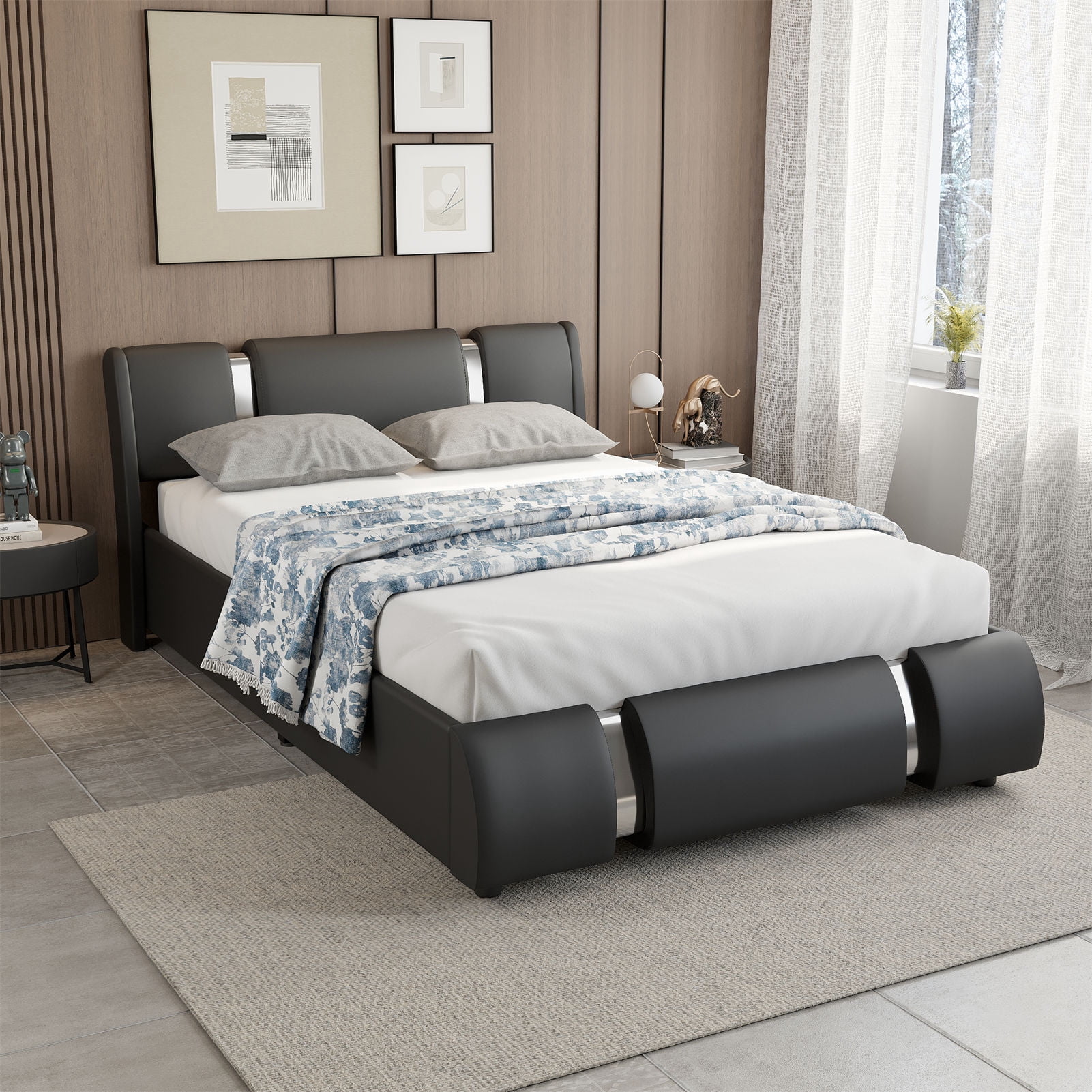 Queen Size Bed Frame with LED Light Headboard, Modern Faux Leather Platform Bed Frame Deluxe Upholstered Bed with Curved Backrest
