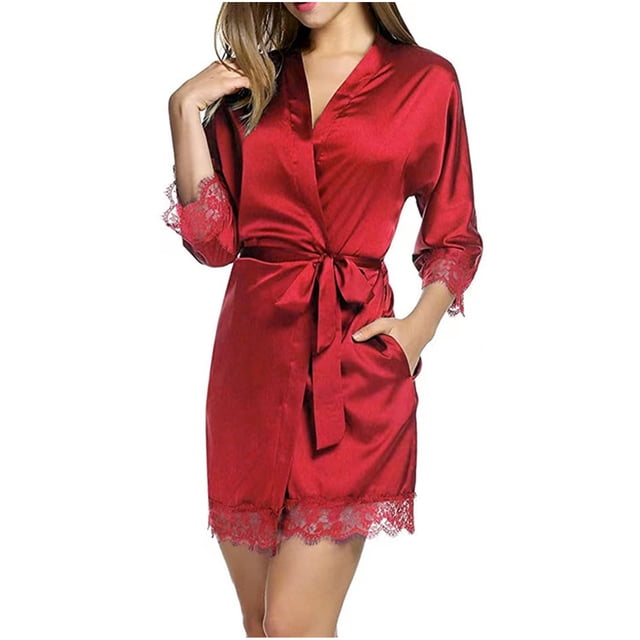 Karight Womens Silk Robe Short Lace Trim Satin Robe 3/4 Sleeve Sexy Kimono Bride Bathrobe Comfy Sleepwear with Pockets