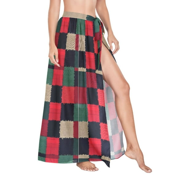 Women Sarong Wraps Red Checkered Grid Swimsuit Beach Pareo Bikini Coverups Skirt M