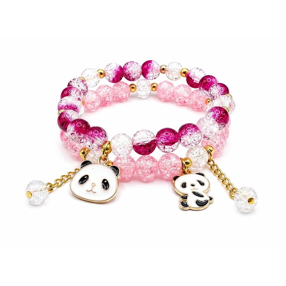 Pink Beaded Bracelet Set 2  with Panda Charm Stretch Elastic Crystal Style Jewelry for Women Girls Cute Daily Wear Gift