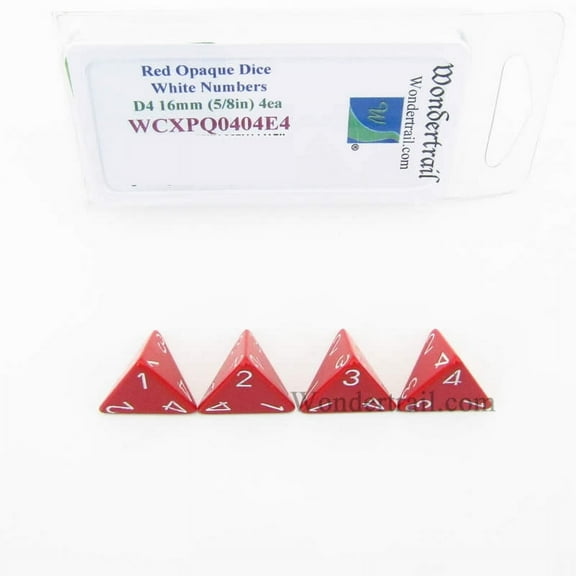 Red Opaque Dice with White Numbers D4 Aprox 16mm (5/8in) Pack of 4 Wondertrail