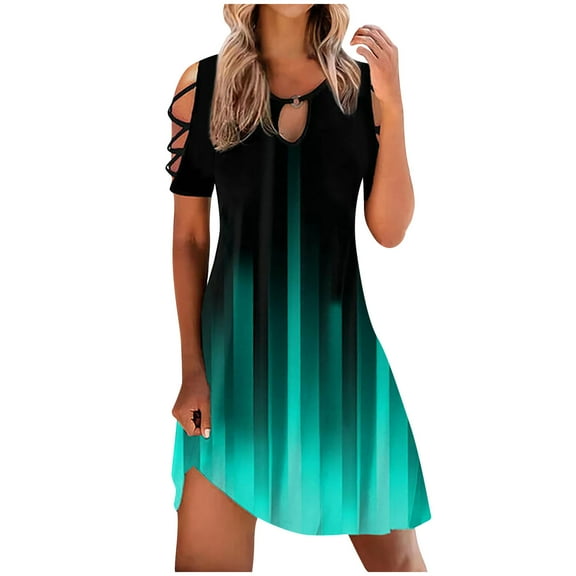 ICHUANYI Womens Dress Casual Slimming Draw Back Print Short Sleeves Cold Shoulder Dresses Spring Summer Clothing