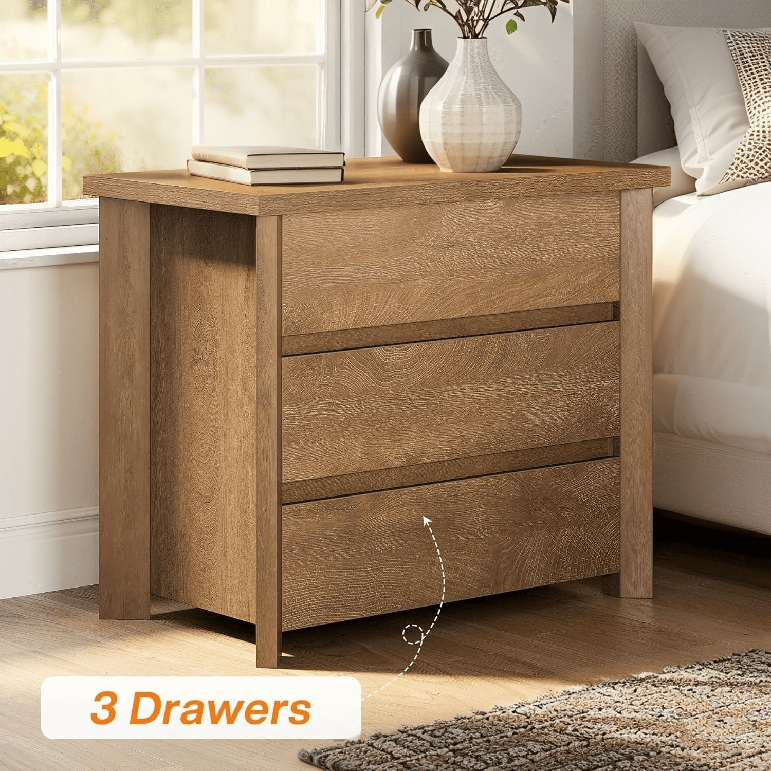 Tribesigns Wood Nightstand with 3 Drawers, Farmhouse Large Bedside Table with Storage for Bedroom and Small Spaces, Easy Assembly, Rustic Brown (1PCS)