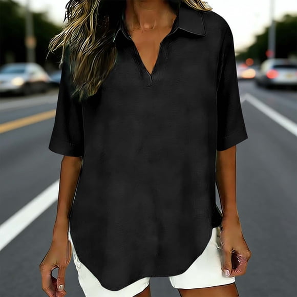 HongQid Women's Casual 3/4 Short Sleeve Shirts Cotton Blouses V Neck Collared Casual Tunics Solid Color Tops Loose Fit