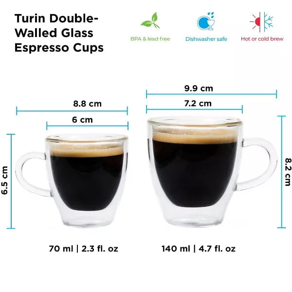 GROSCHE TURIN Double walled espresso cups, coffee mugs, shot cups for tea or coffee, 140 ml