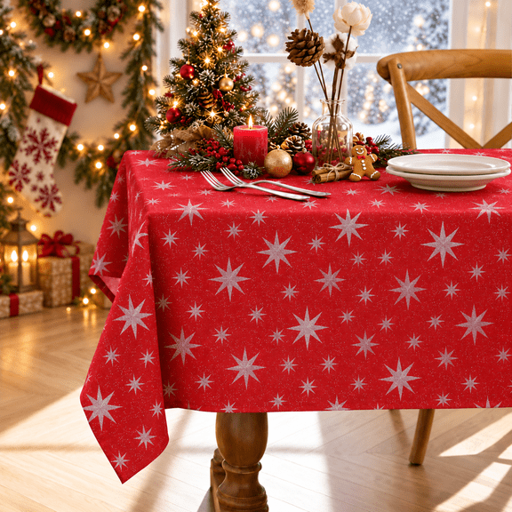 decorUhome Waterproof Christmas Tablecloth, 52 x 70 inch Decorative Rectangular Table Cover, Washable Table Cloth for Party, Red with White Star