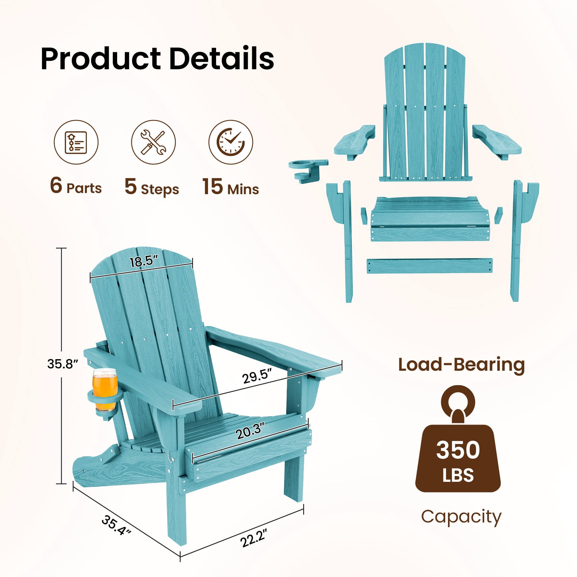 SERWALL Adjustable Folding HDPE Adirondack Chair Outdoor with Cup Holder, for Outdoor, Patio, Poolside, Garden, Aruba Blue