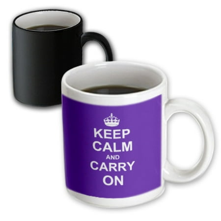 3dRose Keep Calm and Carry On - white text on dark violet royal purple crown motivational fun funny humor, Magic Transforming Mug,