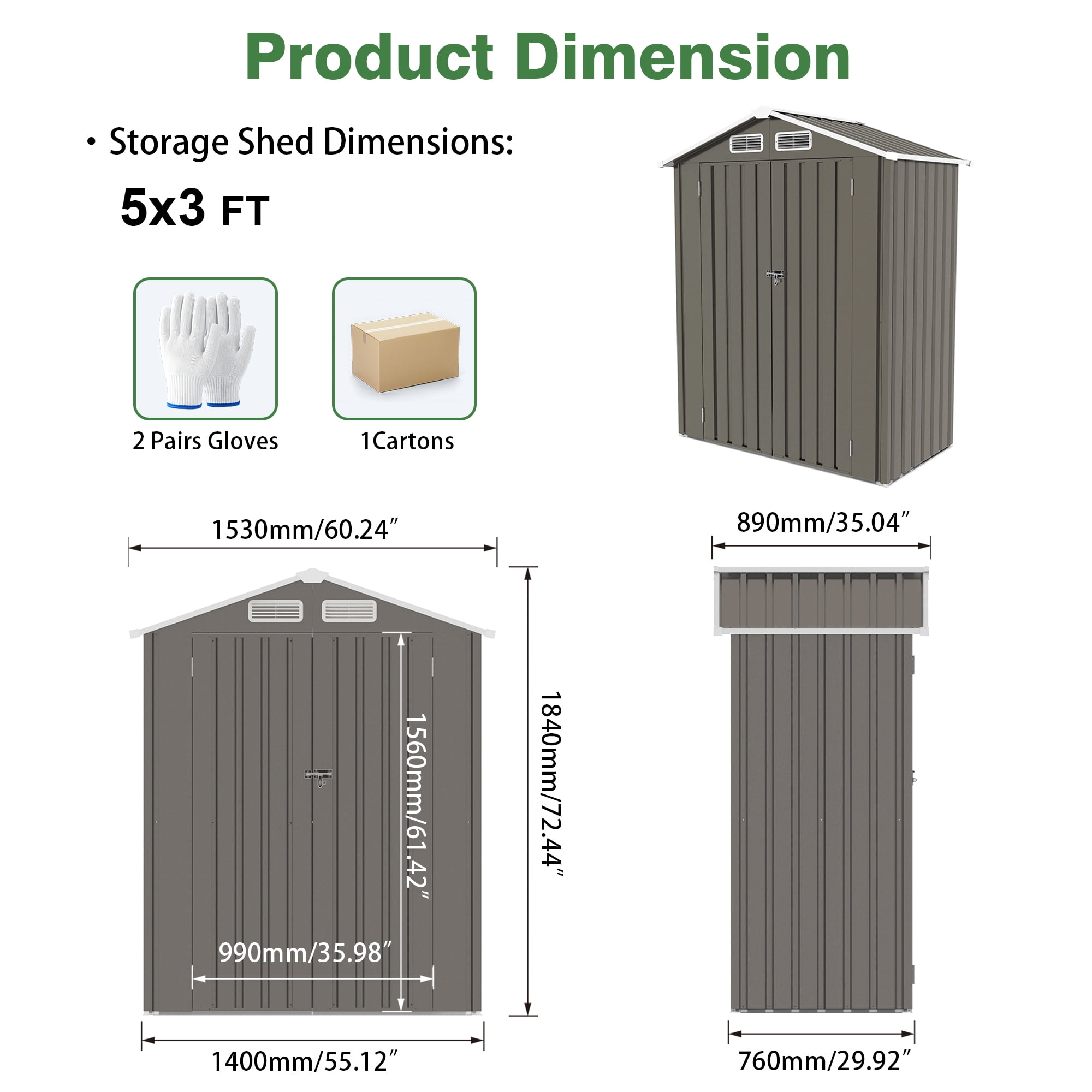 Easmvetaln 5x3x6FT Metal Sheds & Outdoor Storage, Tool Shed for Patio Backyard Garden (Gray)