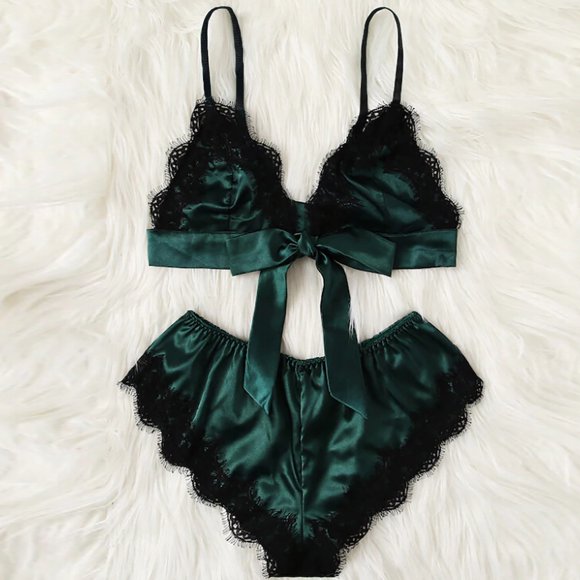Bra & Brief Sets New Womens Sexy Satin Lace Patchwork Bandage Sleepwear Lingerie Underwear Set M