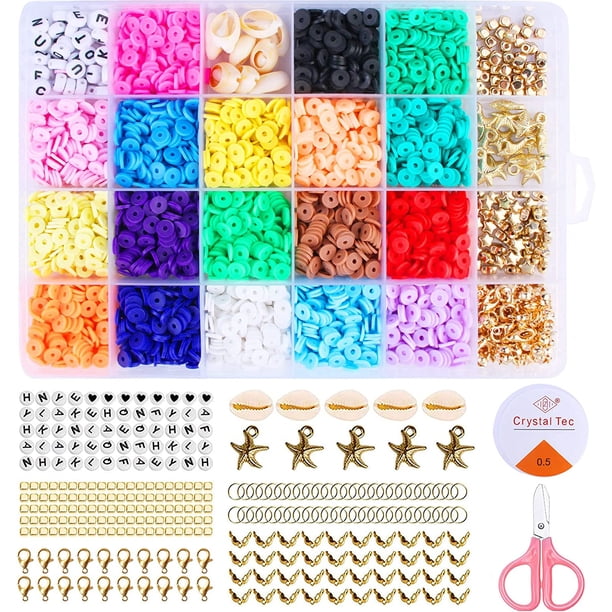 Juego de 3600 cuentas de arcilla – 24 colores para ensartar 6 mm Kit de bricolaje para cadenas, pulseras, pendientes, cuentas planas – Kit de bricolaje de regalo creativo para adultos y niños
