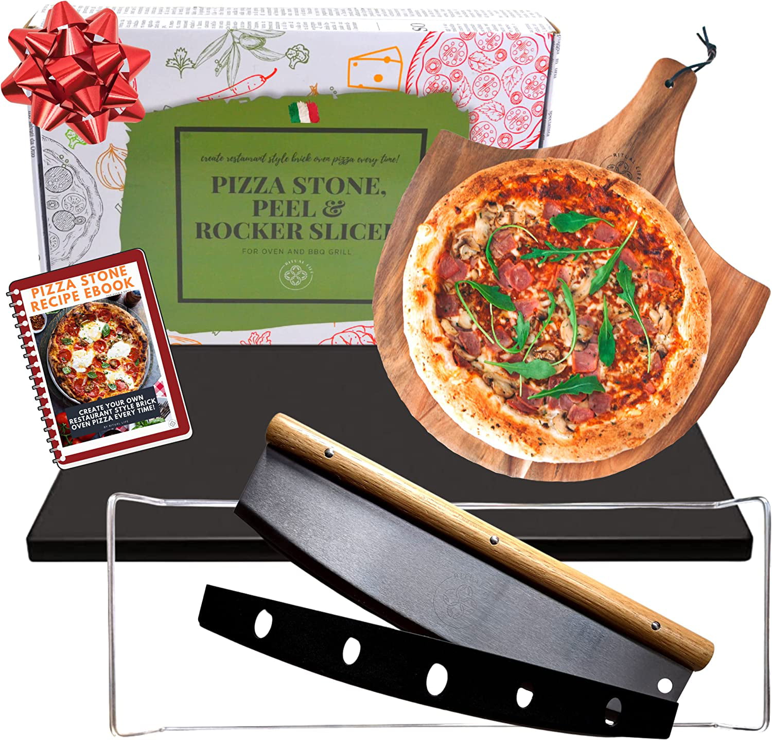 huid Kolibrie namens Black Pizza Stone for Oven and Grill with Wood Pizza Peel & Pizza Cutter -  Cordierite Baking Stone Ceramic Coated Stainless and Non-stick - Detachable  Serving Handles - 15 inch x 12