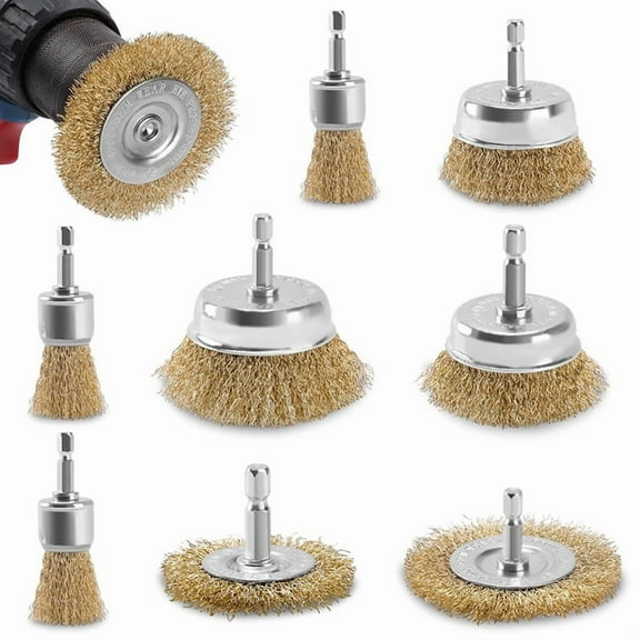 Wire Wheel Cup Brush for Drill, 9 Pack Carbon Steel Bristles Wire Brush Set Coarse Crimped Abrasive Brass Coated Brushes1 x Wire Brush Set