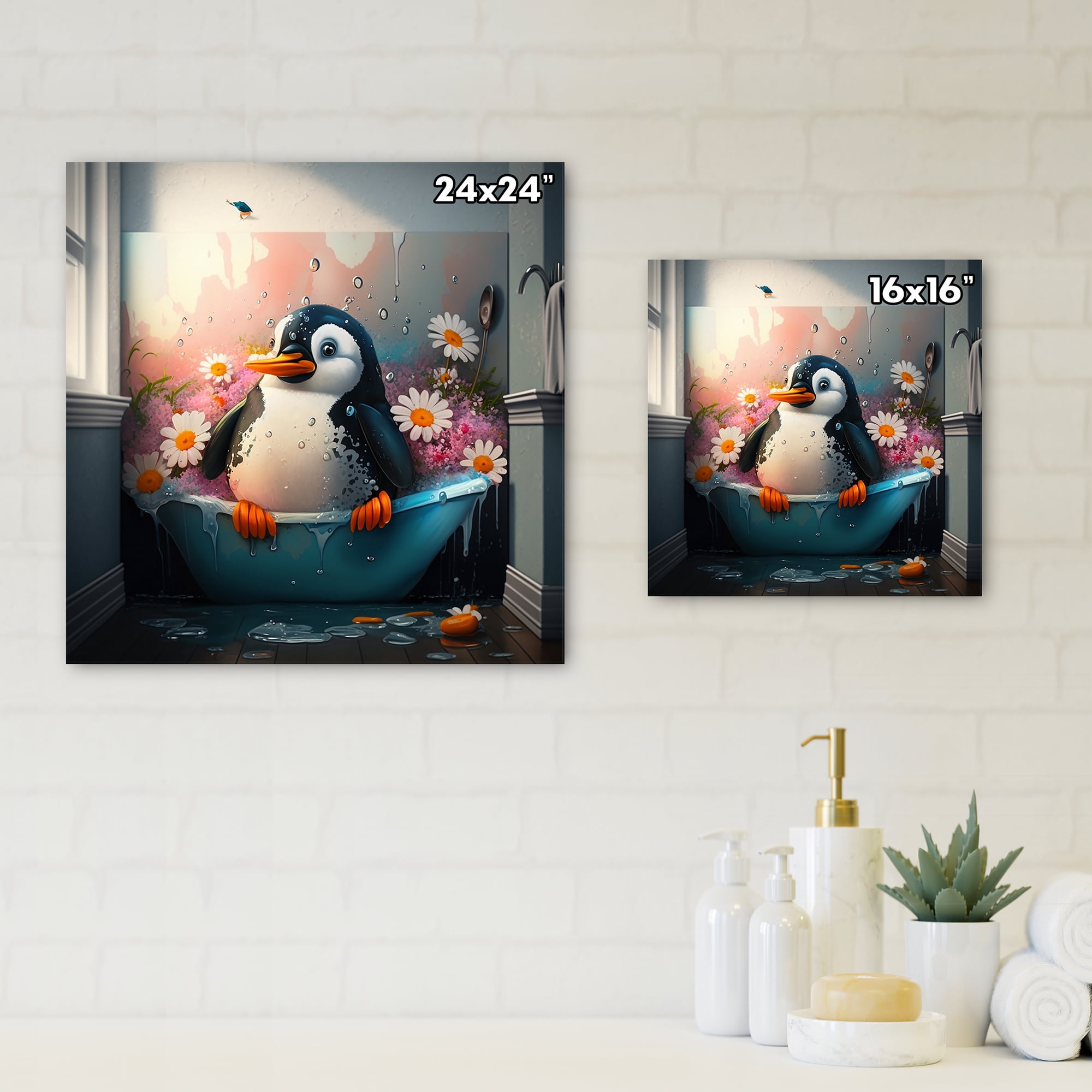 Designart Silly Penguin Bathing With Blooming Flowers I Canvas Wall Art