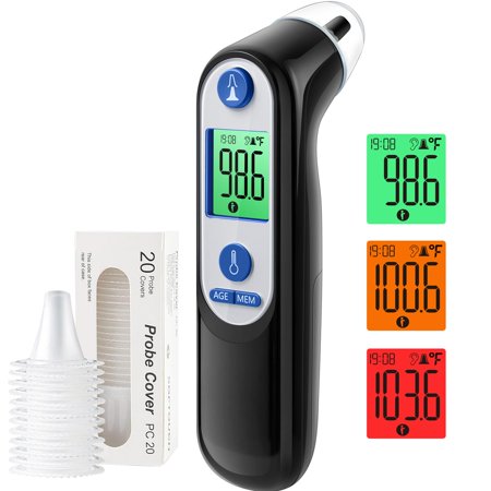 Ear Thermometer for Kids, Adults and Babies, FSA Eligible, Fever Alarm, Mute Mode, 30 Memory Recall with 21 Probe Covers - Fast Results & Easy to use, Life Time Support (Black)