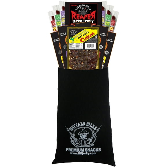 Buffalo Bills 12-Piece Hot & Spicy Beef Jerky and Beef Stick Sampler Black Velour Gift Bag