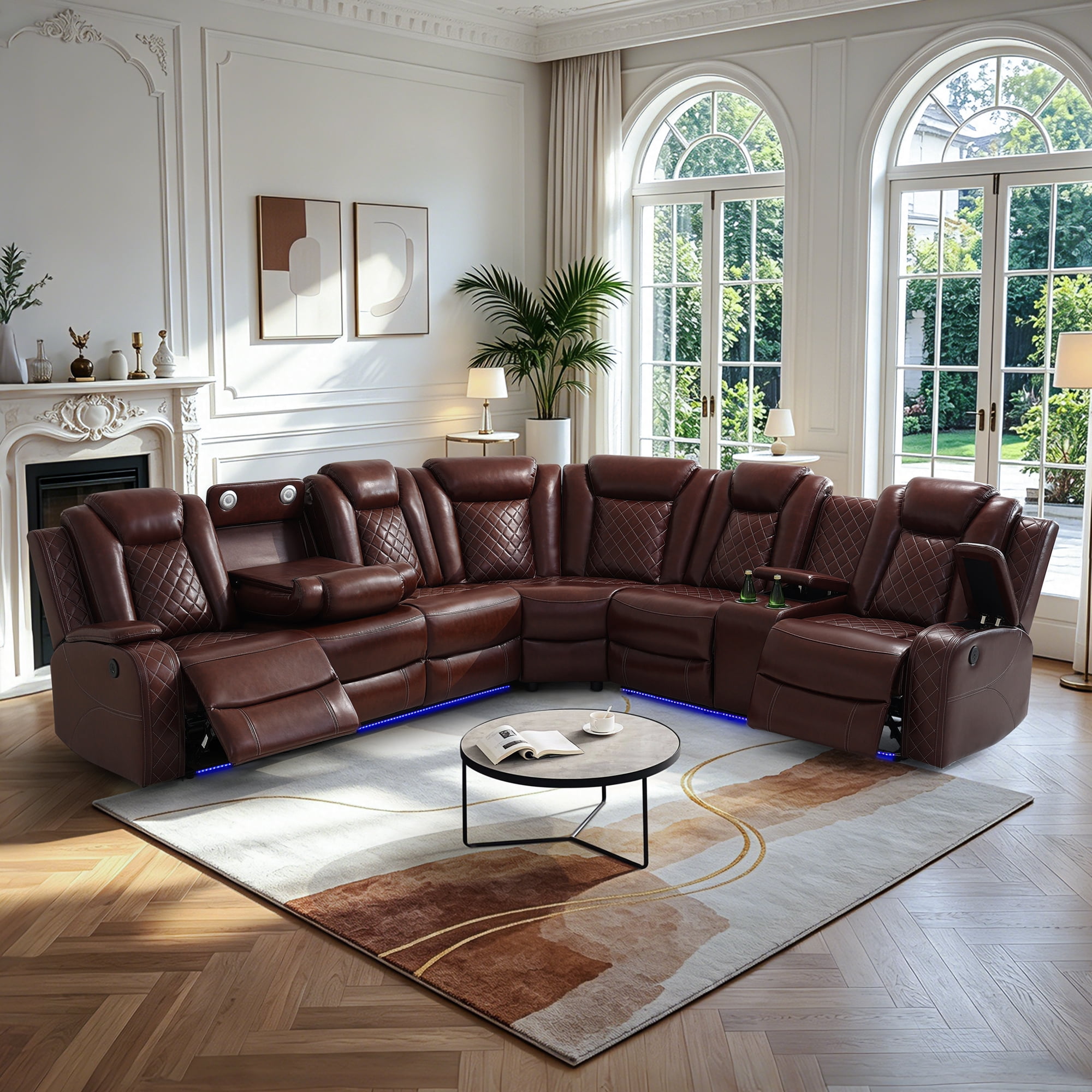 Gewnee Air Leather Power Recliner Sectional Sofa，L‑Shaped Recliner Couch with Cup Holders，Wireless Charging, LED Ambient Light, Console Storage，Home Theater Sofa for Living Room,Brown