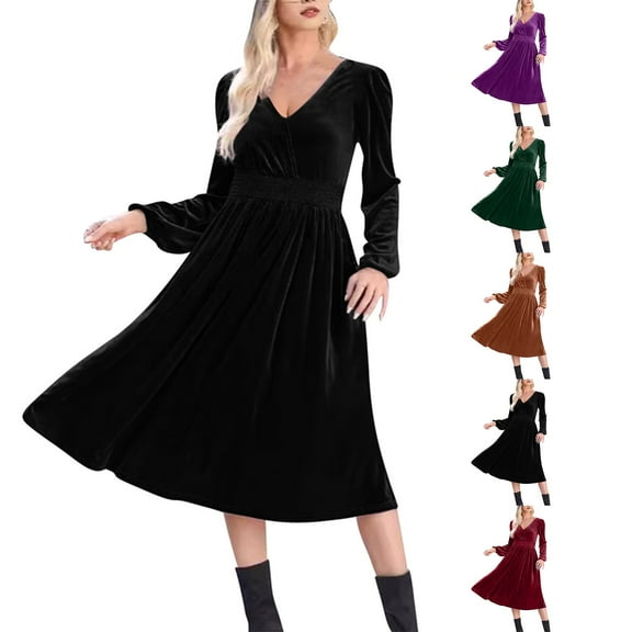 YHAJDS Women's Fall Winter Casual dress,Fall Dresses for Women Women's Dresses Long Sleeve Dress Solid Color V-neck Ruffled Dress High Waist Slim Casual Long Sleeve Dresses for Women Midi Dress