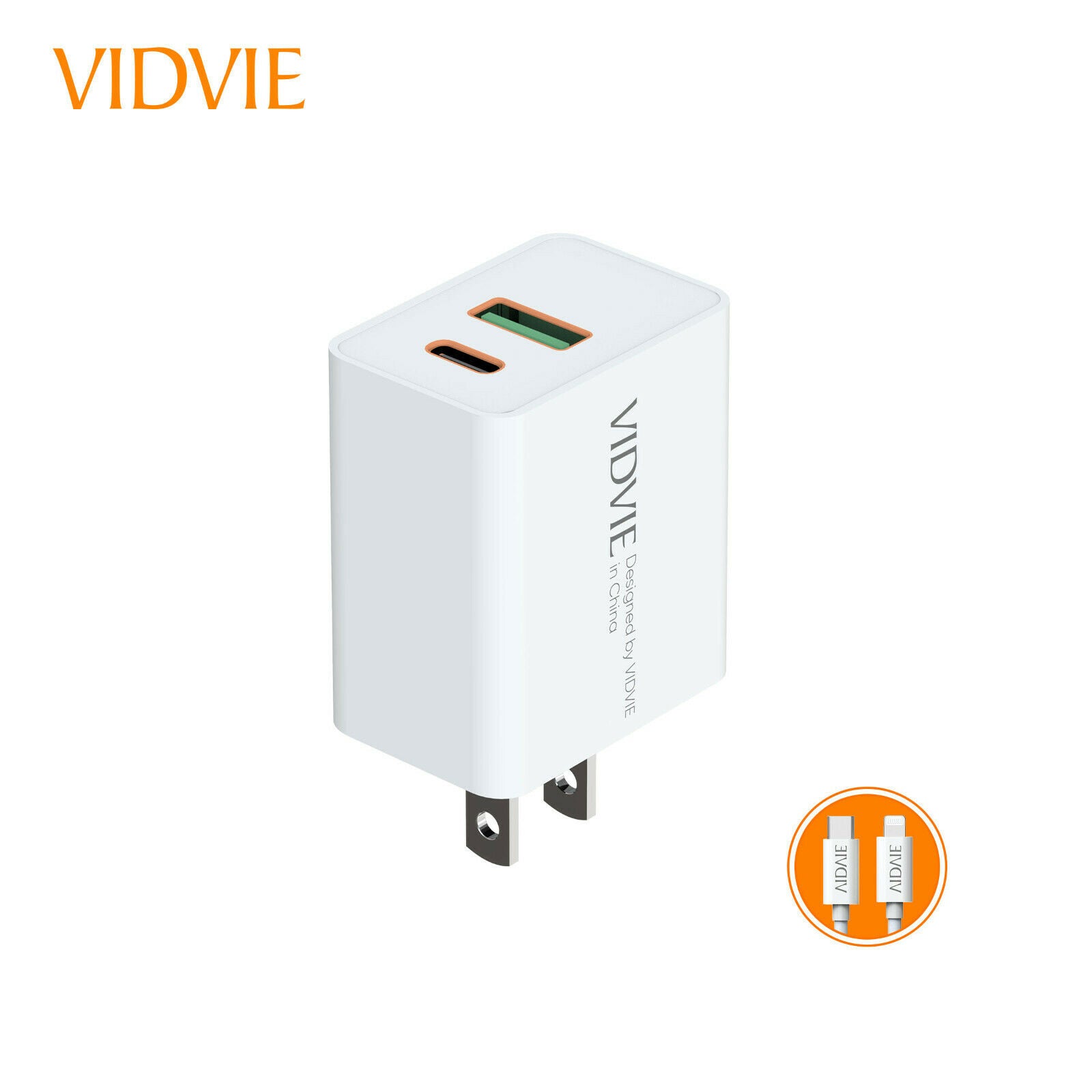 VIDVIE Type C and USB A output charger head with type to iPhone cable included compatible with iPhone 8 and up