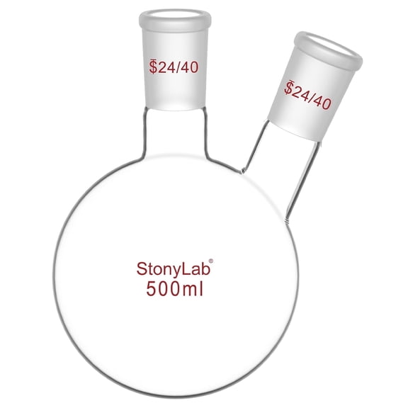 StonyLab 500mL Heavy Wall Borosilicate Glass 2‑Neck Round Bottom Lab Flask with 24/40 Standard Joint for Laboratory Use