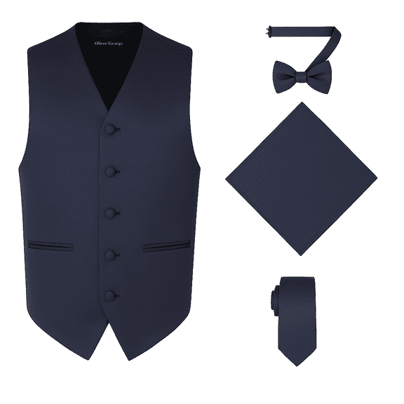 Oliver George 4pc Men's Solid Formal Suit Waistcoat Tuxedo Dress Vest Necktie Bowtie Handkerchief Set for Suit or Tuxedo Navy Medium