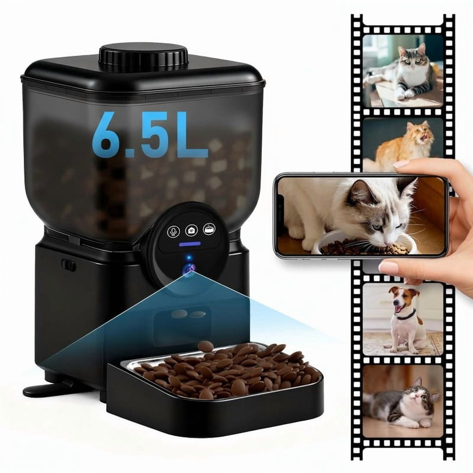 Topchances Automatic Pet Feeder, Dog Cat Food Dispenser with HD Camera, Smart Timed, APP Control, Dual Power Supply, Anti-Jam Design, 6.5L Large Capacity (Black)