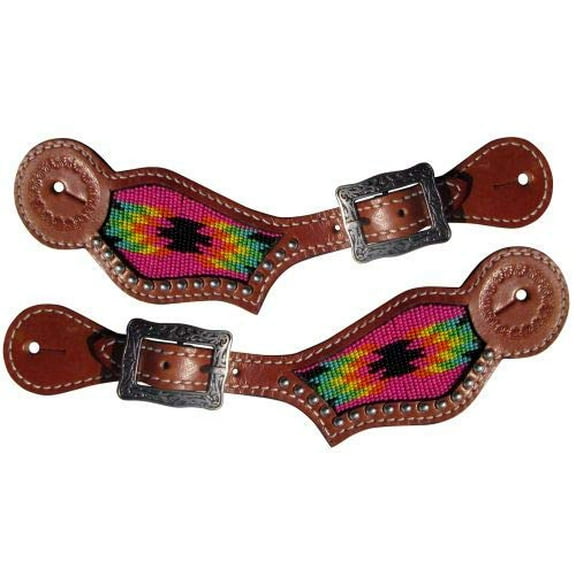 Showman Leather Spur Straps w/ Hot Pink Beaded Southwest Design