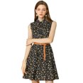 thumbnail image 1 of Día de San Patricio Vestido Sin Mangas Con Cinturón Estampado Por Encima De La Rodilla Con Media Tapeta Para Mujer Floral Negro, Amarillo XS, 1 of 6