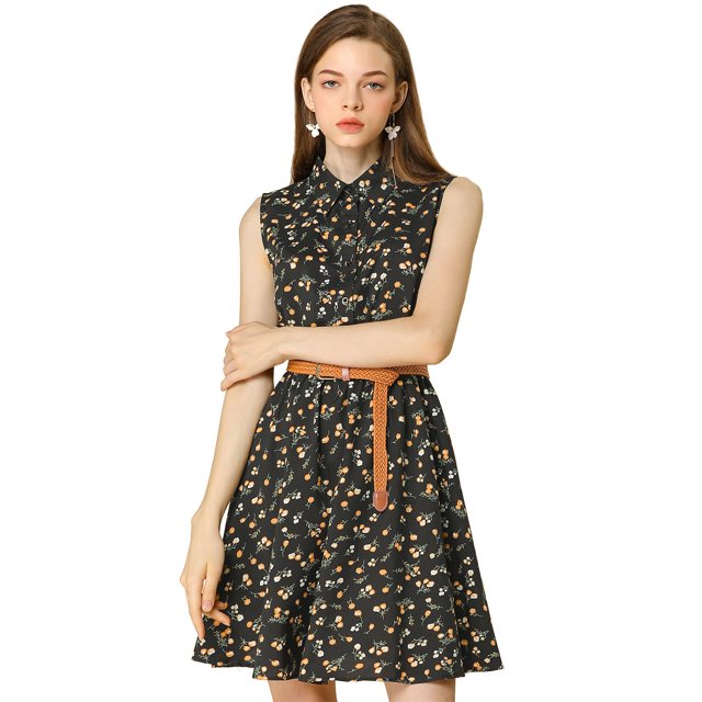 Día de San Patricio Vestido Sin Mangas Con Cinturón Estampado Por Encima De La Rodilla Con Media Tapeta Para Mujer Floral Negro, Amarillo XS