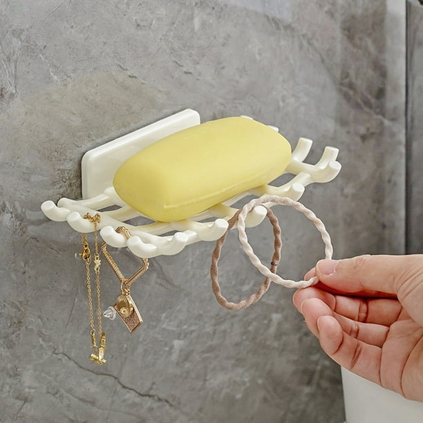Porta jabón adhesivo, con ganchos, bandeja para jabón en barra, soporte y ahorrador, montado en la pared, 15 x 9 cm, plástico, para organizar la ducha, el baño y el lavabo.