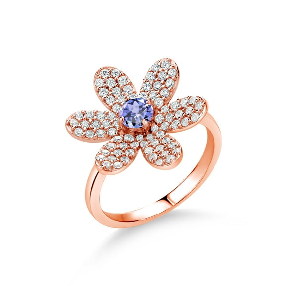 Gem Stone King 1.28 Ct Round Blue Tanzanite Keren Hanan ART 18K Rose Gold Plated Silver Ring (Size 6)