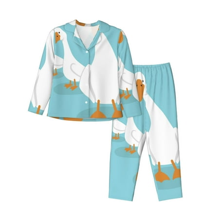 JUNZAN Three White Geese Print Womens Pajama Sets Long Sleeve Button Down for Women Pjs 2 piece-Medium